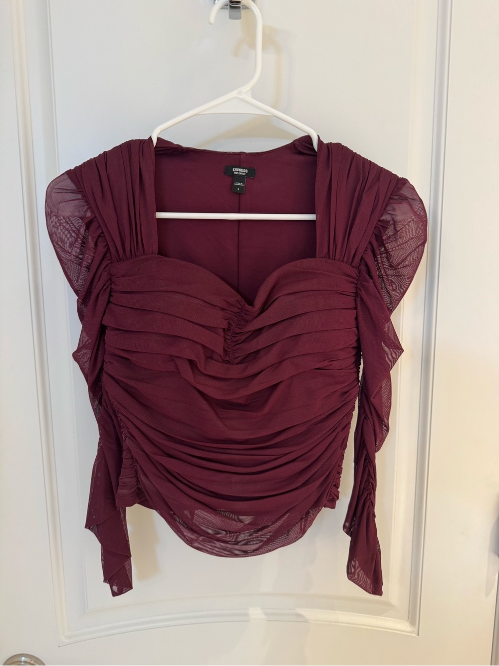 Express Burgundy Ruched Mesh Sweetheart Top Size S